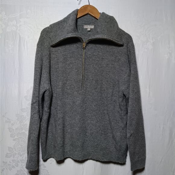 J Crew Sweater Large Gray Ribbed Wool Blend Turtleneck 1/2 Zip - Picture 1 of 8